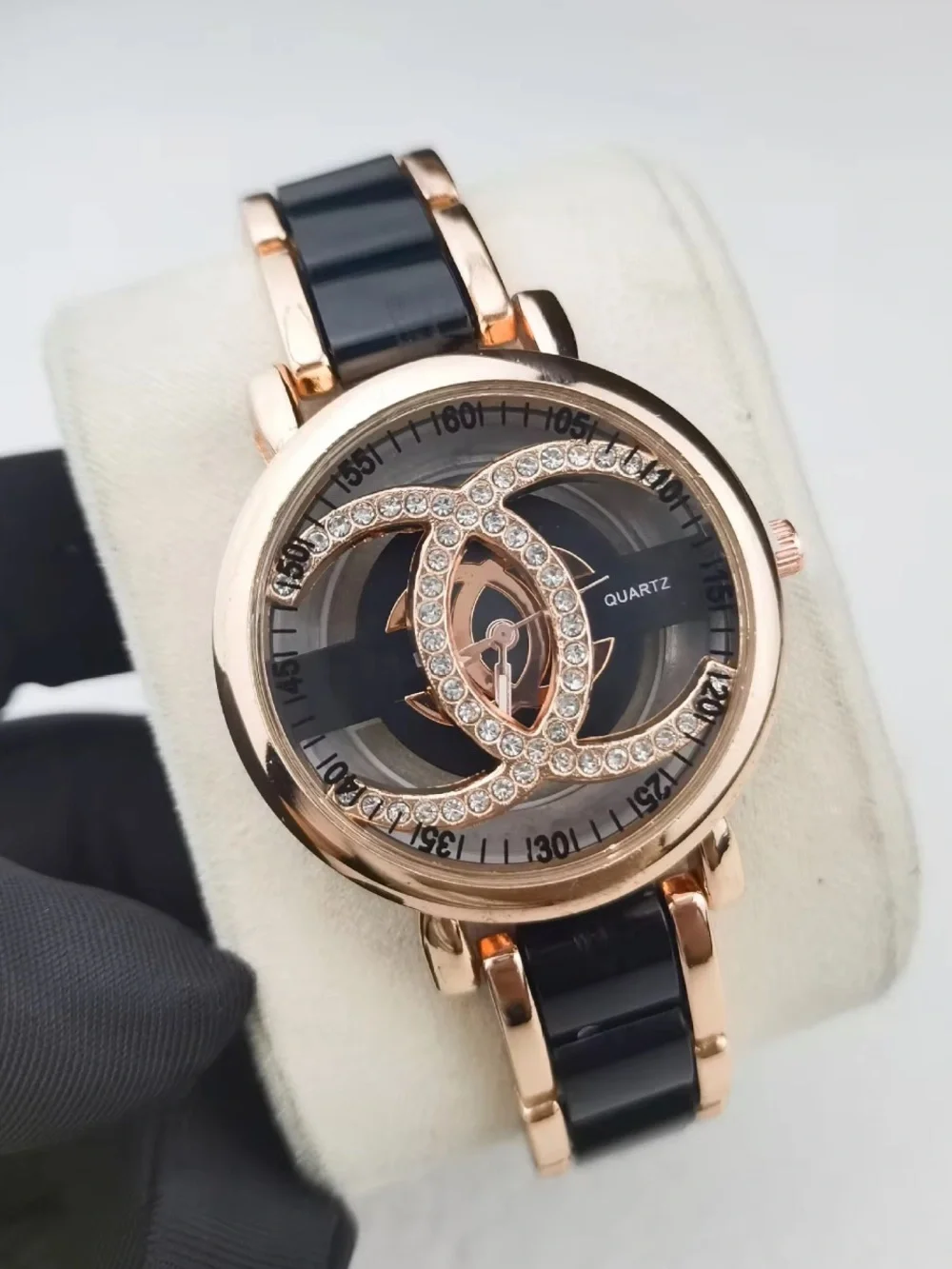 Designer inspired Rose Gold and Black Crystal Accent Women's Bracelet Watch
